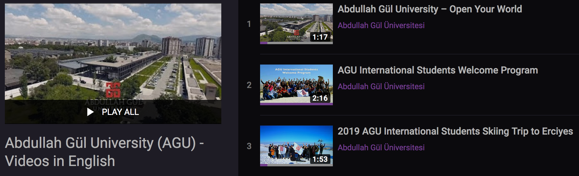 AGU videos, Abdullah Gül University, Youtube videos